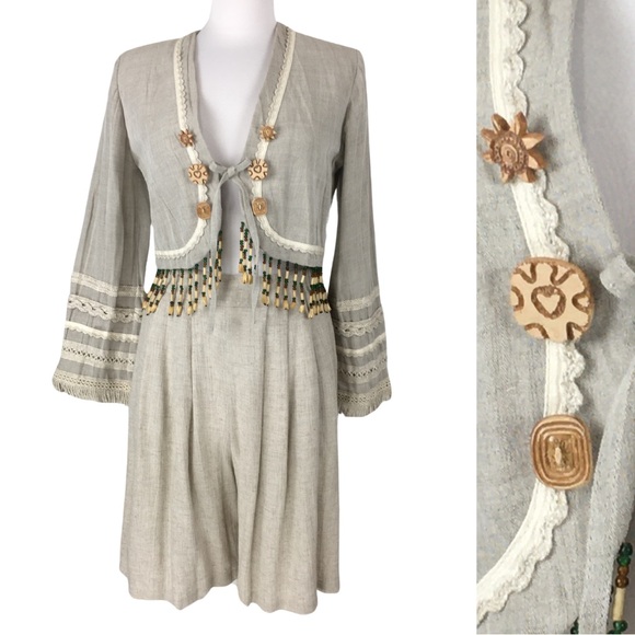 Vintage Sue Wong Linen 2 Piece Suit Jacket Gauchos Linen Wooden Beads size Small - Picture 1 of 16